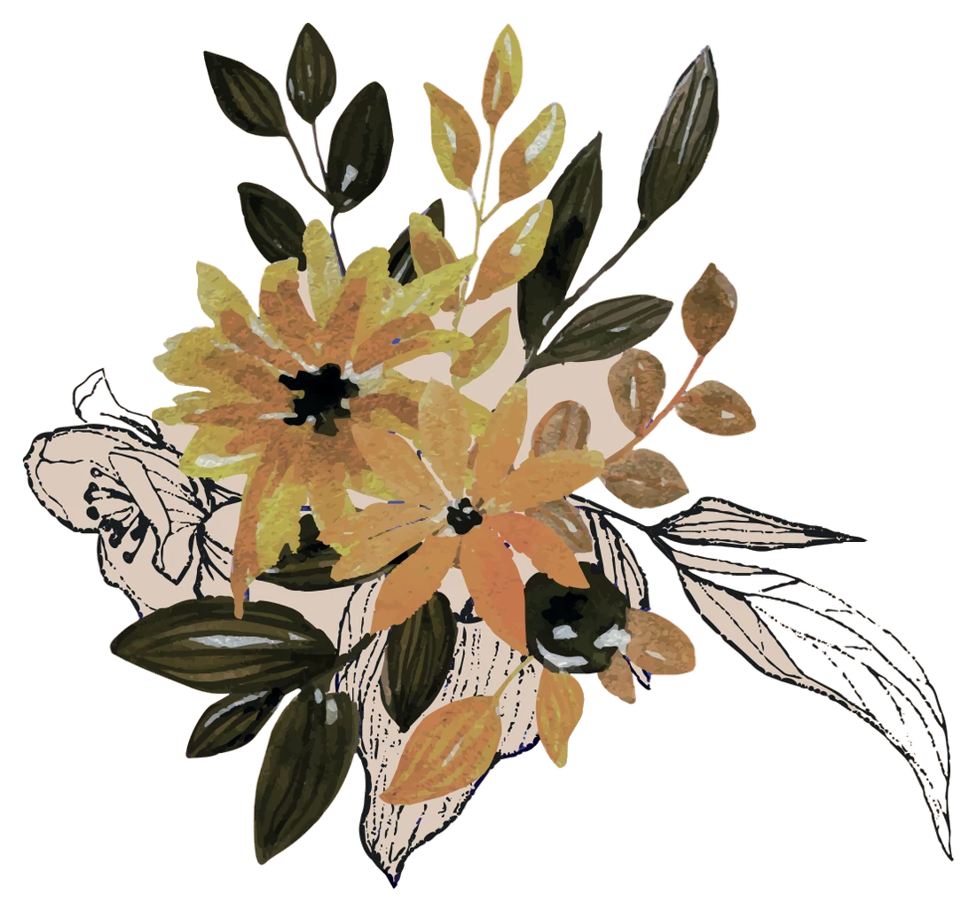Buquê de flores e folhas douradas