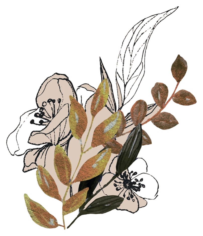 Ramo de flores em traço com folhas douradas