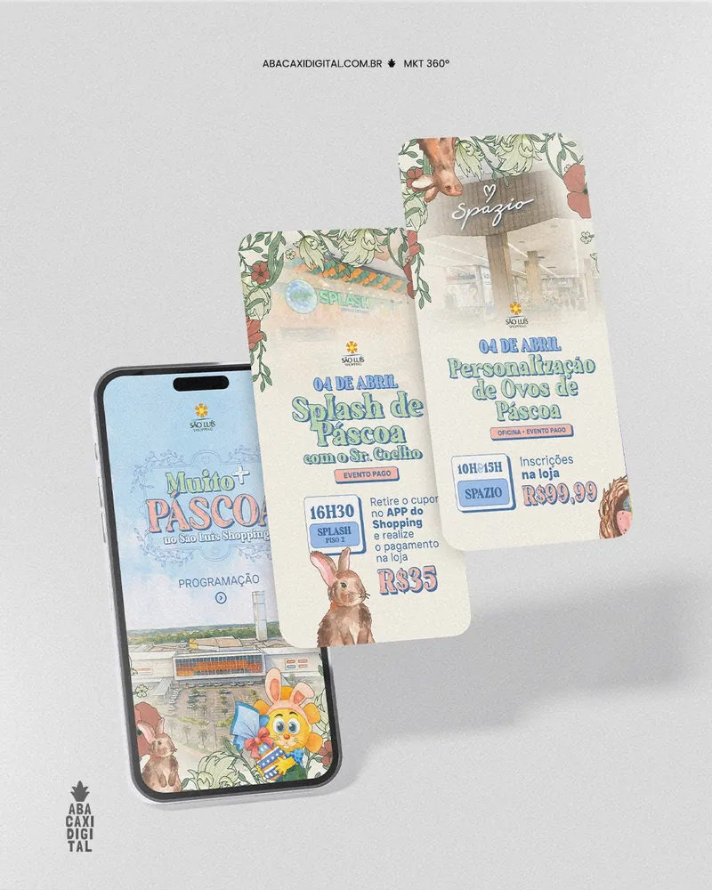 Celular e stories com a programação: Splash de Páscoa e Personalização de Ovos de Páscoa