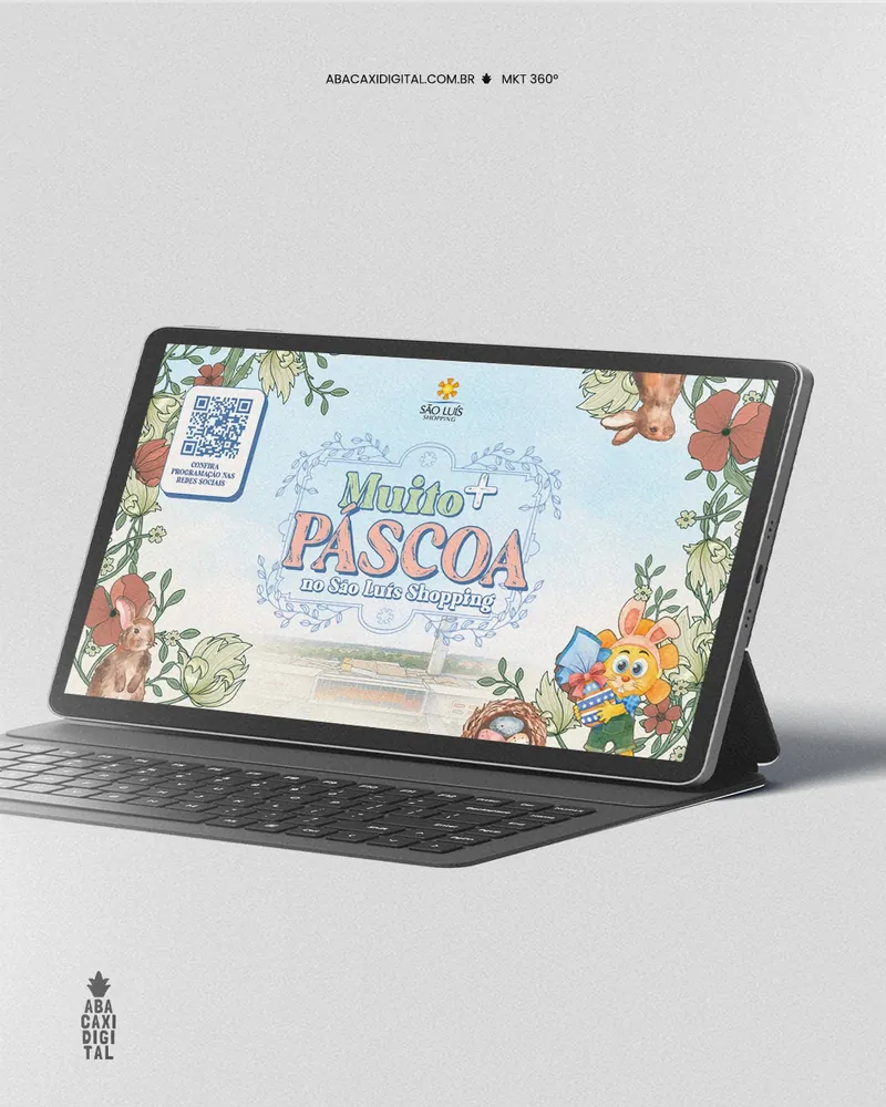 Tablet com a arte Muito + Páscoa e QR code para a programação