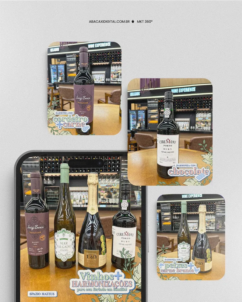 Celular com o carrossel Vinhos + Harmonizações do Spazio