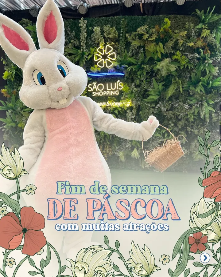 O Sr. Coelho em frente ao jardim vertical com o logo do São Luís Shopping