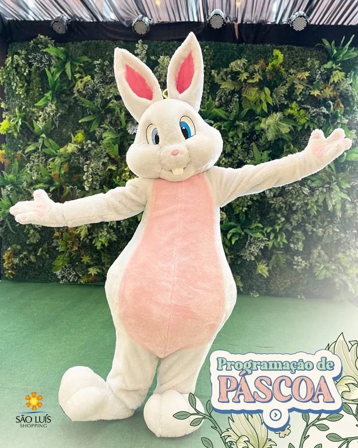 O Sr. Coelho, personagem de pelúcia, abre os braços no shopping