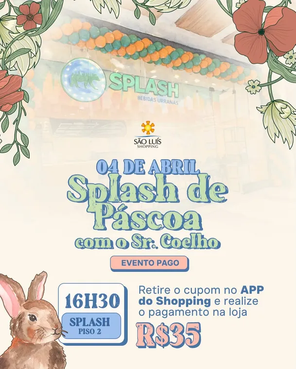 Arte do Splash de Páscoa com o Sr. Coelho, 4 de abril, às 16h30