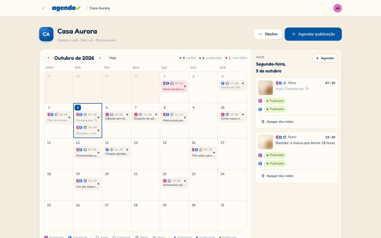 Calendário de publicações de um cliente no Agendo