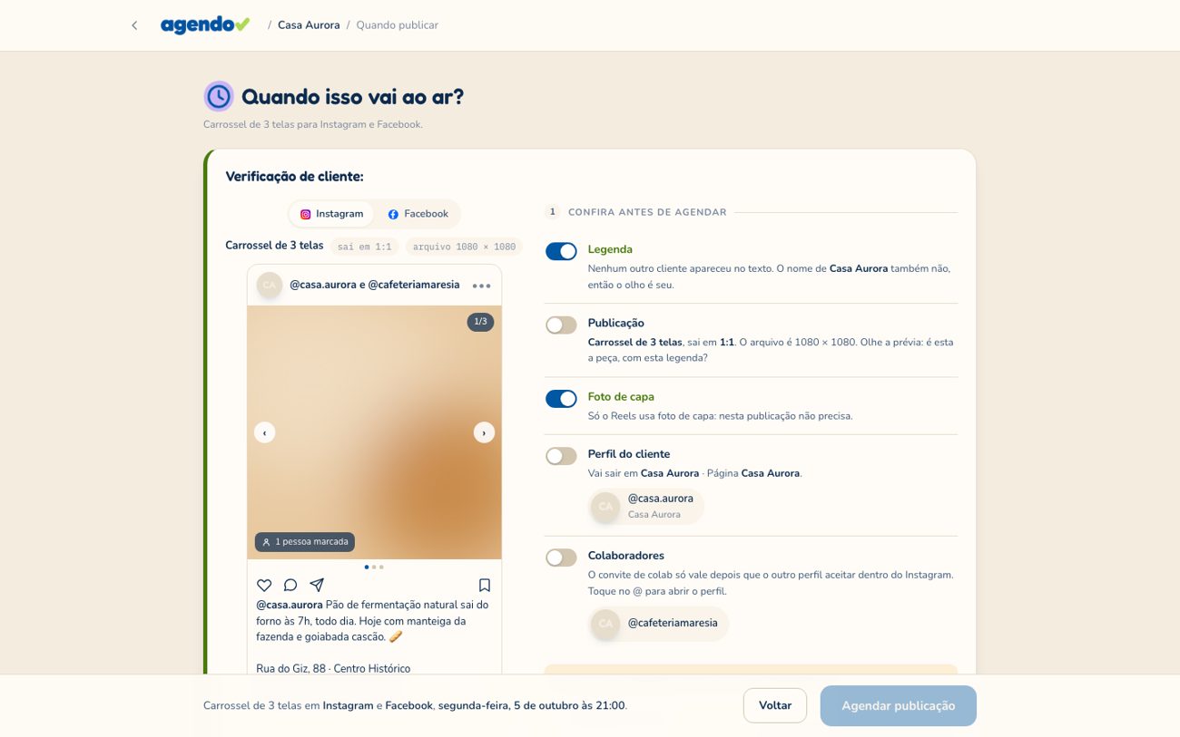 Conferência antes de agendar, com a prévia do post