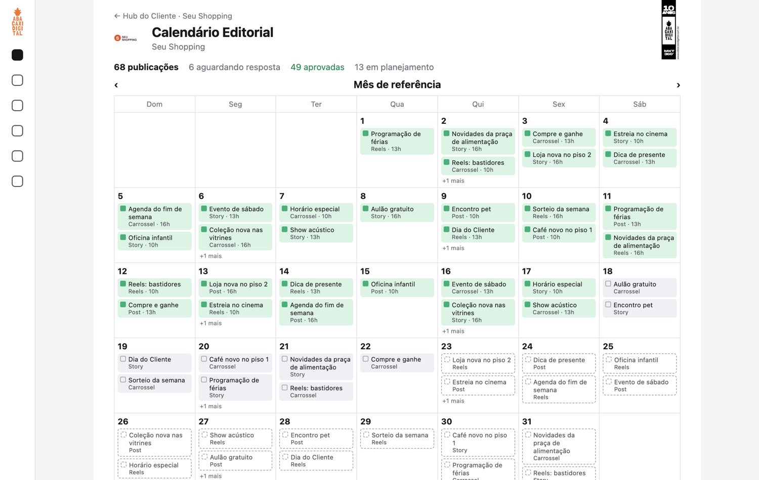 Calendário editorial com o mês inteiro
