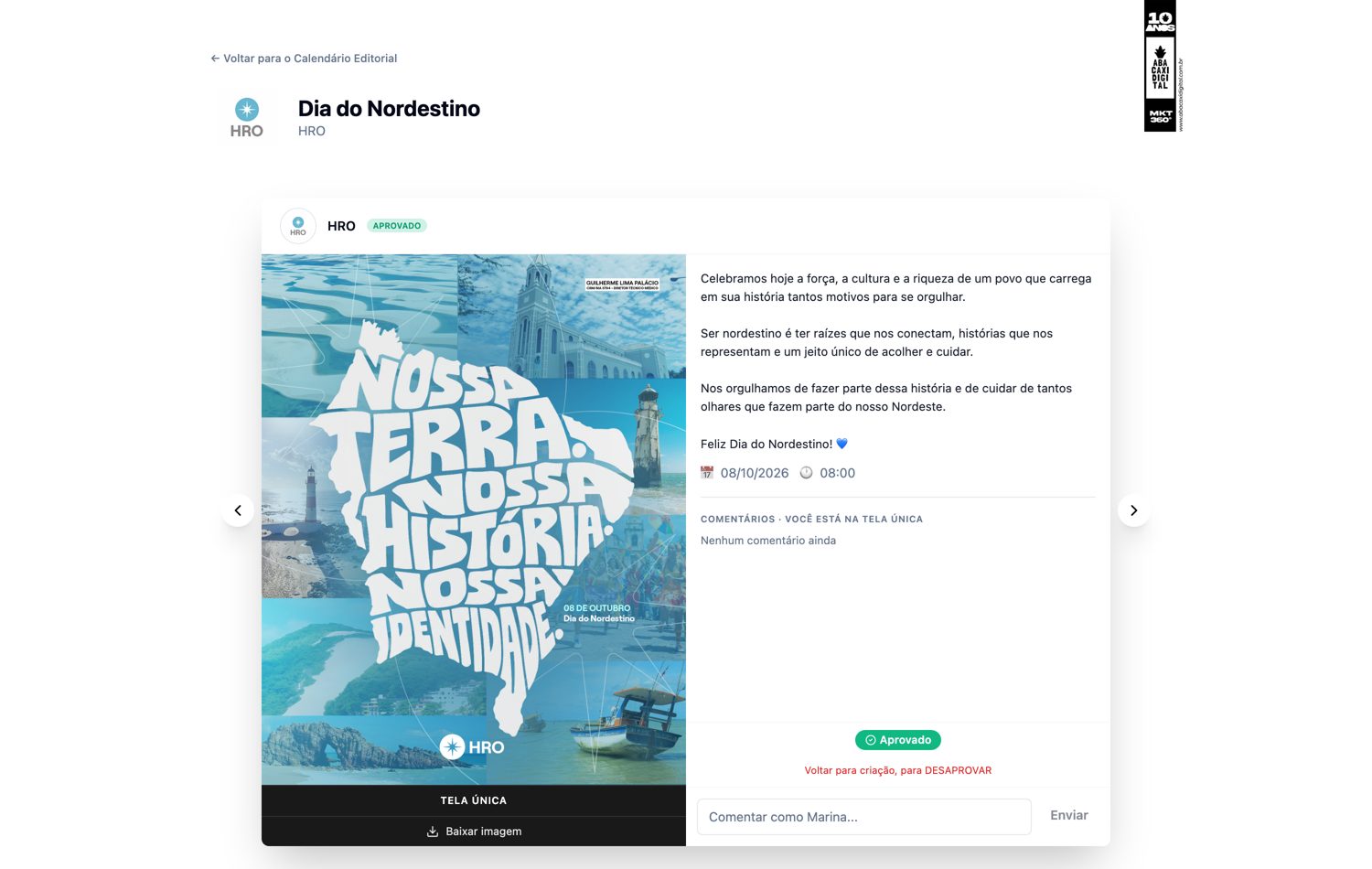 Tela de aprovação de um post do HRO com a arte, a legenda, a data de publicação e o selo Aprovado